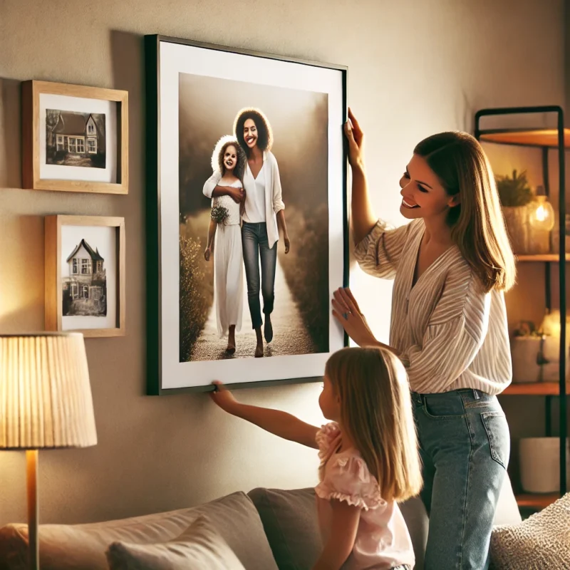 Mama s dcérou vešajú foto na plátno na stenu v elegantnej obývačke
