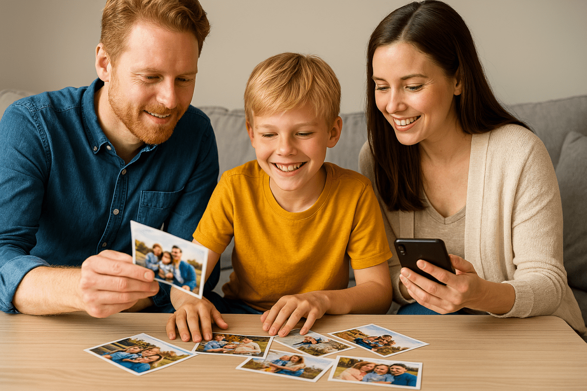 Rodina prezerá vytlačené fotografie z mobilu – tlač fotiek z mobilu online priamo z pohodlia domova.