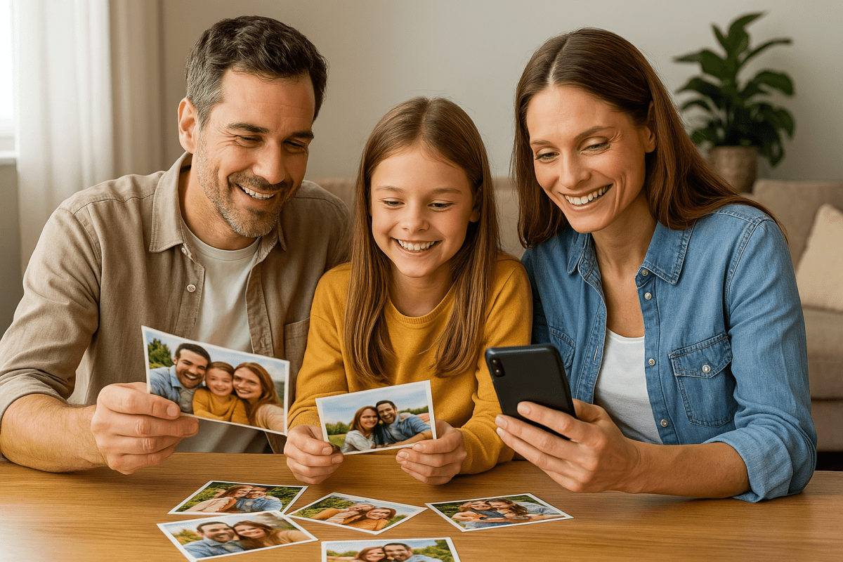 Rodina si prezerá vytlačené fotografie priamo z mobilu – tlač foto z mobilu rýchlo a jednoducho.