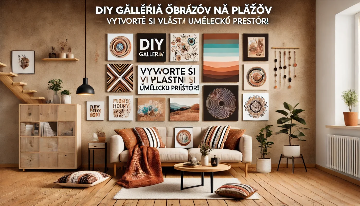DIY galéria obrazov na plátne - kreatívne rozmiestnenie obrazov rôznych veľkostí v modernom interiéri.