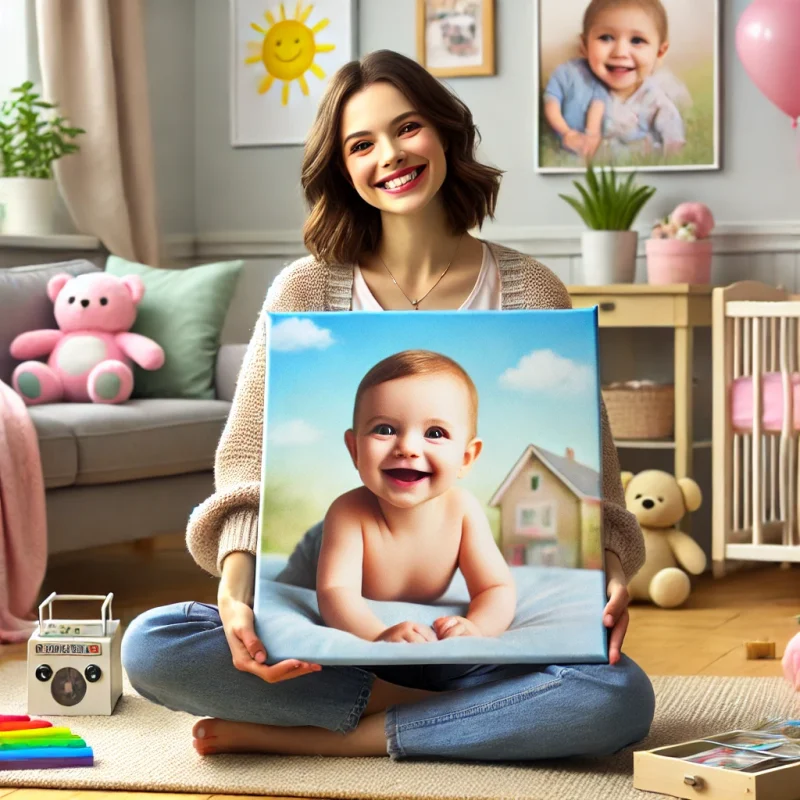 Mama drží vytlačený obraz svojho dieťaťa na plátne v útulnej obývačke – tlač obrazov pre maminy od VytlačFoto.sk