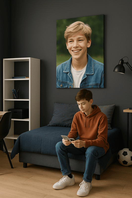 Rodinný fotoobraz na plátne zastrčený do modernej obývačky