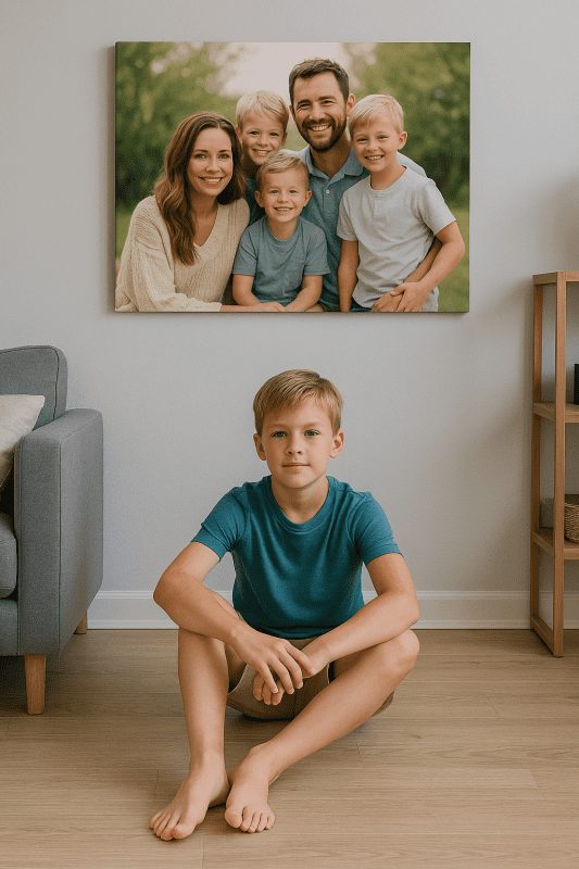 Fotoplatno s rodinnou fotografiou zavesené nad pohovkou v útulnej obývačke.