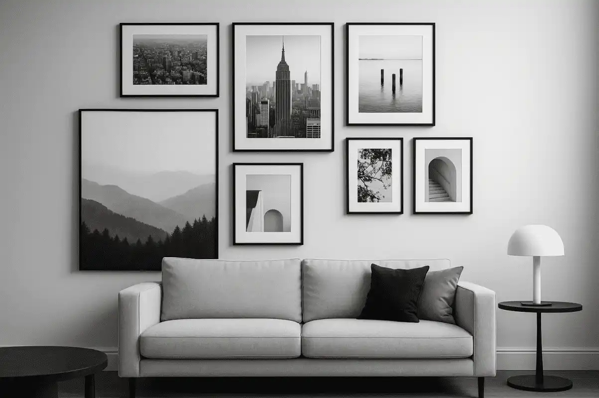 Minimalistická obývačka s galériou šiestich čiernobielych fotografií a plátien v moderných čiernych rámoch nad sivou pohovkou