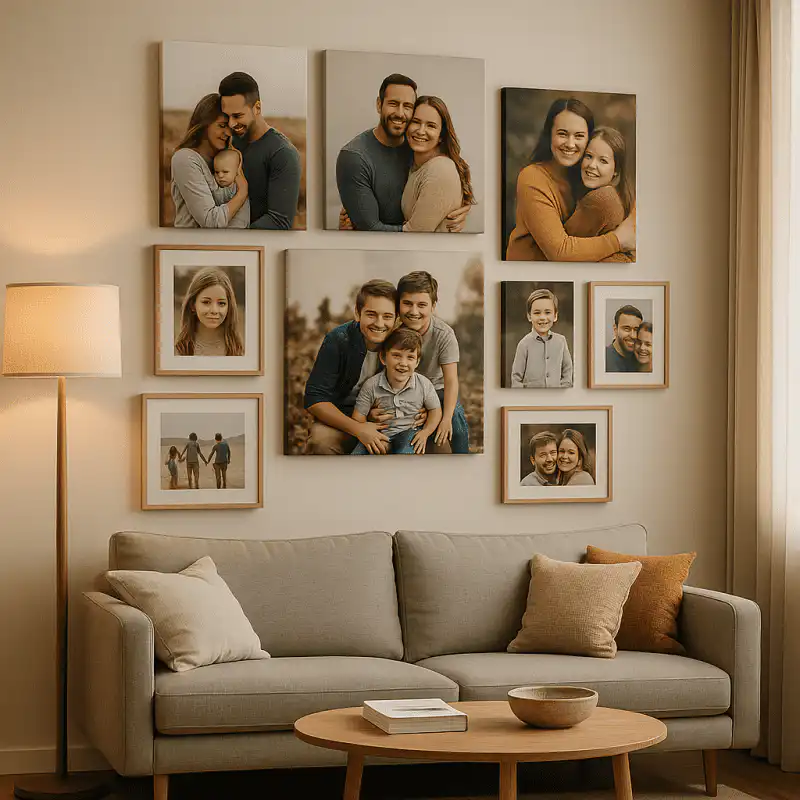 Moderná obývačka so štýlovou fotostenou z rodinných fotografií vytlačených na rôznych formátoch plátna