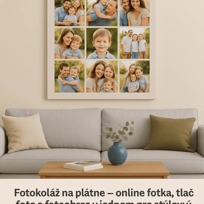 Farebná fotokoláž na plátne z vlastných fotografií vytvorená online a zavesená nad pohovkou