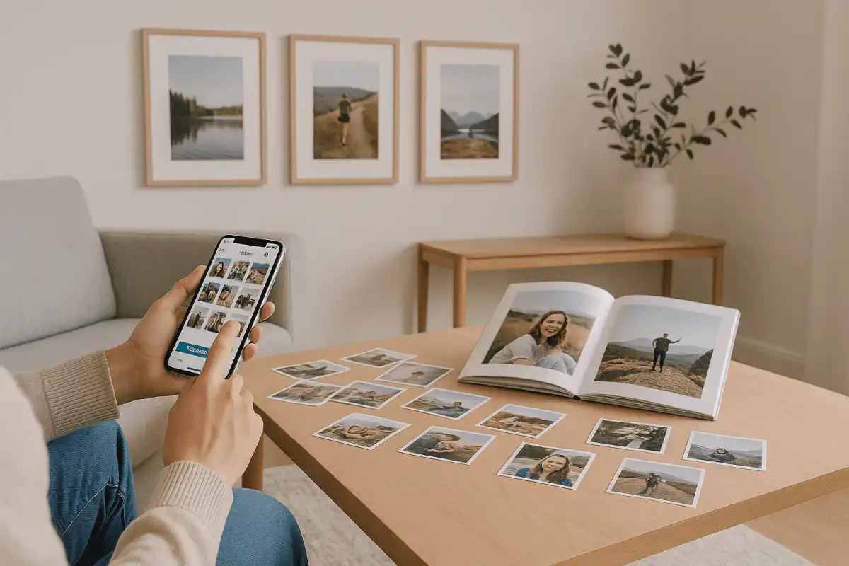 Osoba na gauči vyberá v smartfóne fotografie na online tlač; na drevenom stolíku sú rozložené malé papierové výtlačky a otvorená fotokniha, v pozadí visia zarámované snímky v škandinávskom interiéri