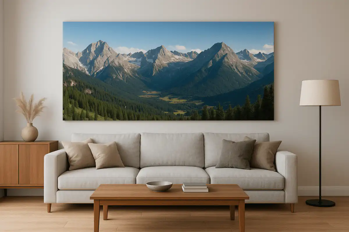 Moderná obývačka s dlhým panoramatickým fotoplátnom horskej krajiny vo formáte na šírku nad minimalistickou sedačkou