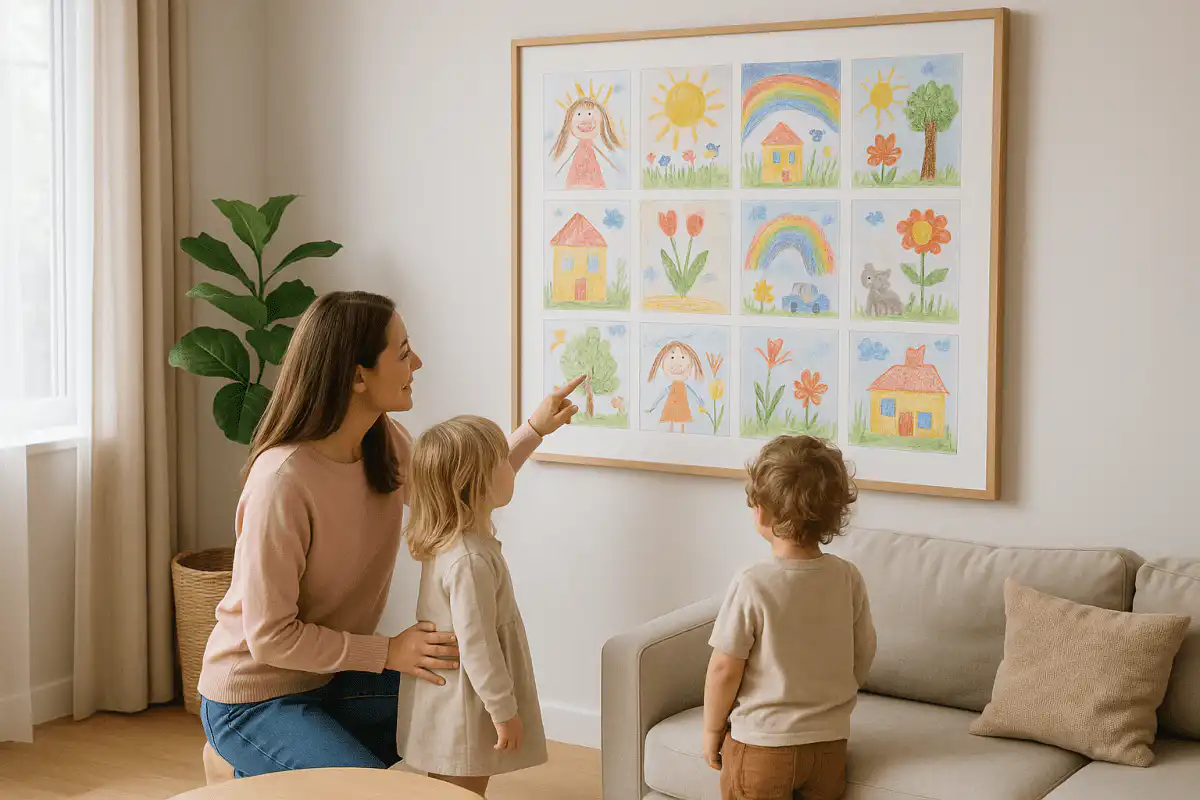 Mama so synom a dcérou obdivujú veľký rám s farebnými kresbami detí, zavesený na svetlej stene v útulnej obývačke